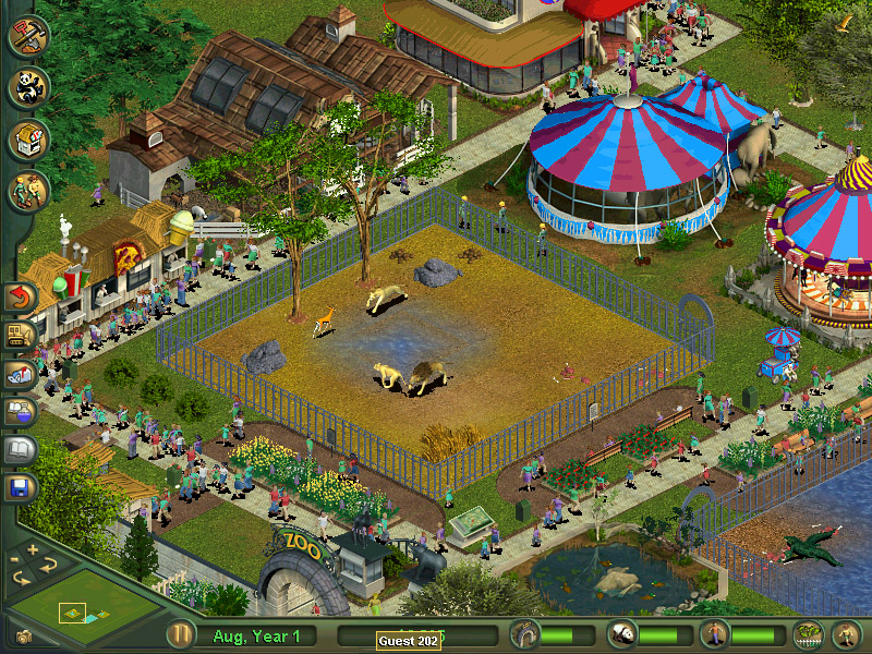 Gameplay from the original 2001 Zoo Tycoon showing animal enclosures, visitors, shops and attractions